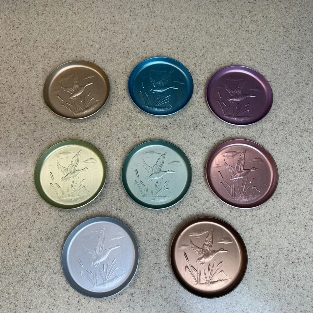 Vintage Anodized Aluminum Coasters Set of 8 Embossed Flying Duck Mallard Pastels